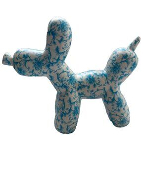 VTG MCM Modern Floral Blue & White Balloon Dog Ceramic Statue Animal Figurine
